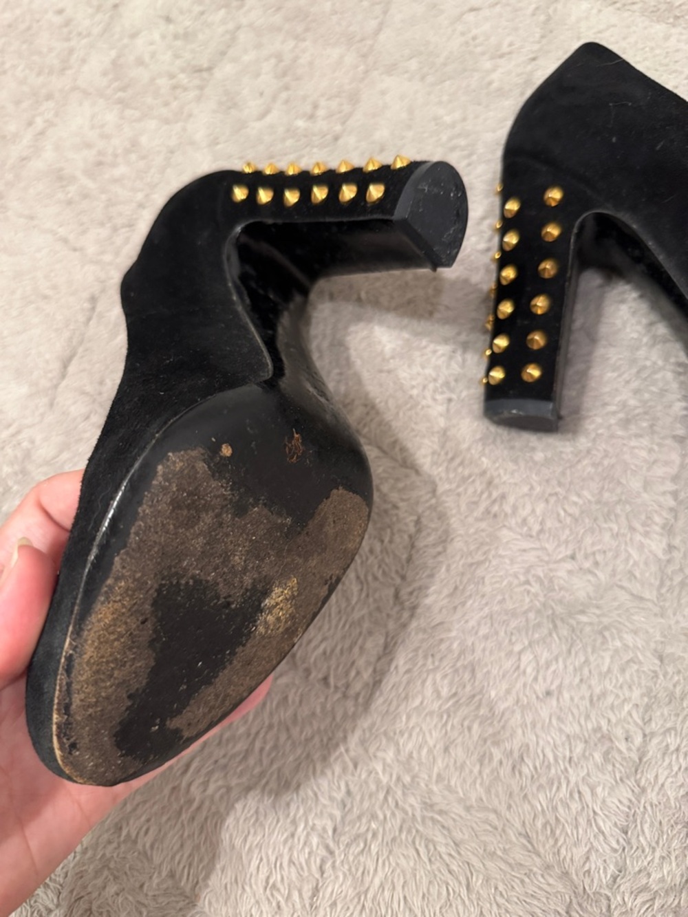 Gucci Black Suede Pumps with Gold Studded Block Heel - Picture 4 of 8